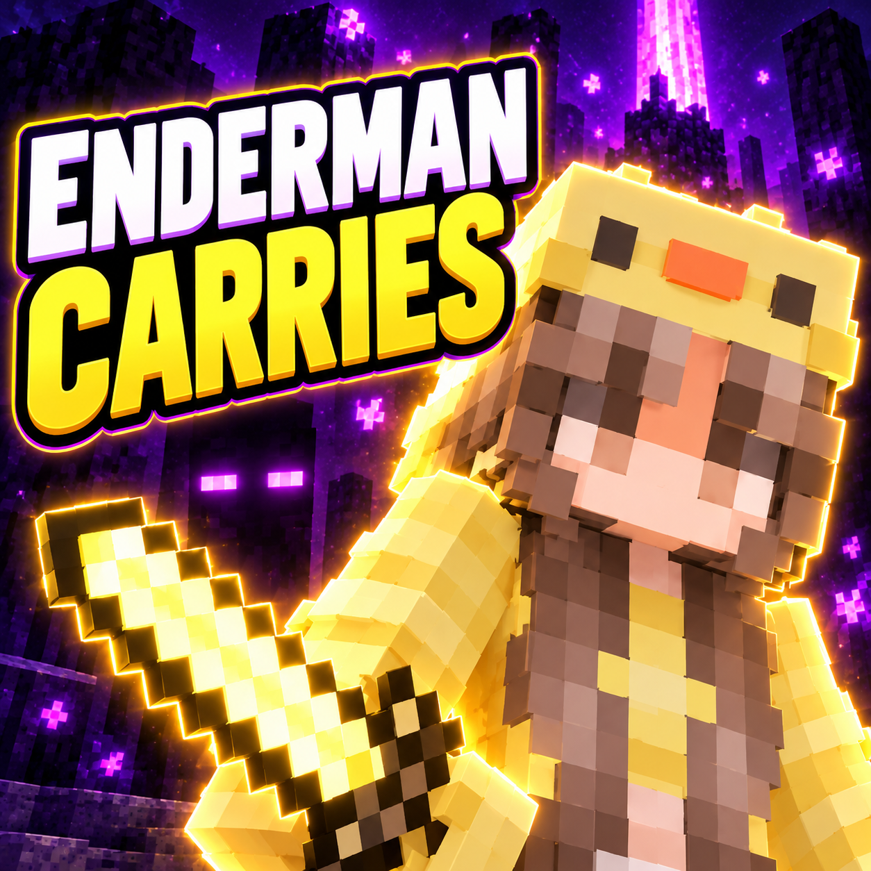 FemboyDuckling's Minecraft character in a gold duck hood, with Enderman Carries lettering